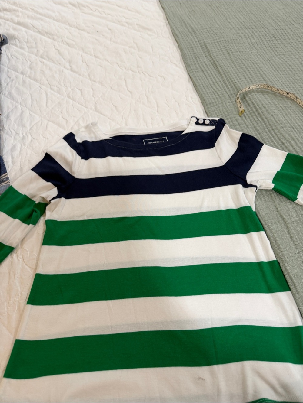 Charter Club Navy, Green & White Striped Short Sleeve Tee M